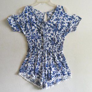 Charlotte Russe Cold-Shoulder Romper, Blue/White Floral, Size Small